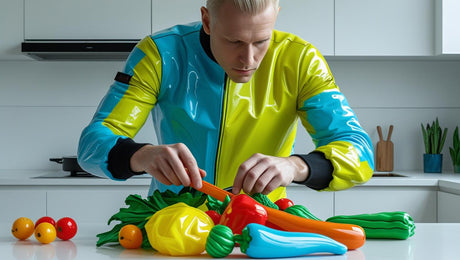Un homme habillé de de vêtement en plastique prépare des légumes en plastique pour le repas